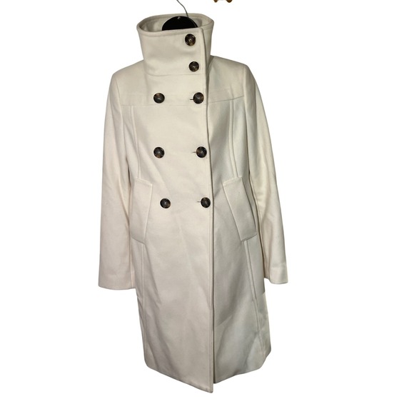 Cream Double Breasted Peacoat Hi Neck Button Up Warm Winter Coat wool blend SZ M - Picture 4 of 10